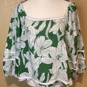 “White Lotus Theme” Tahari Green and White Floral Linen Top